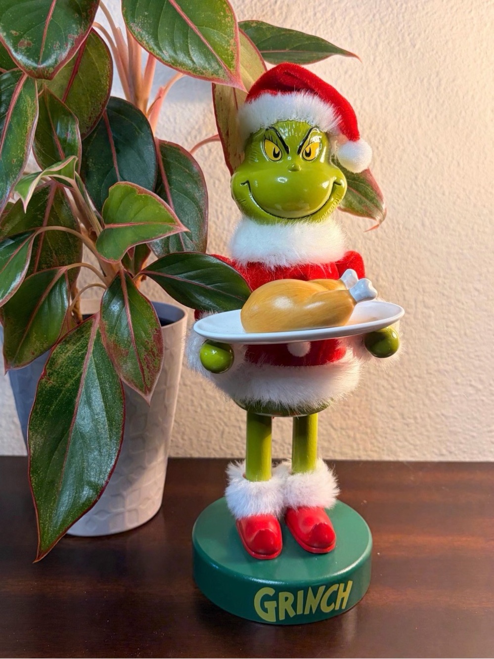 Grinch Christmas Nutcracker Wood Figurine with Santa Outfit & Plate Dr. Seuss